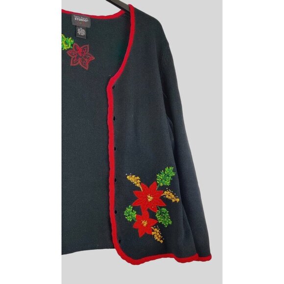 VTG 90s Christmas Sweater Cardigan L Design Originals Studio Joy Poinsettias - Picture 13 of 15